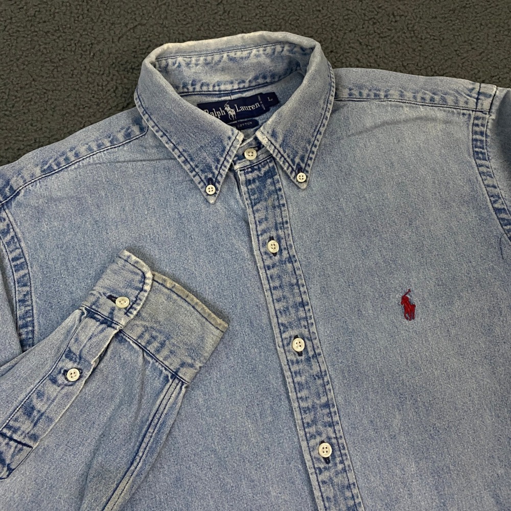 Ralph Lauren Denim Shirt Mens Large Blue Button Down Pony Distressed Preppy